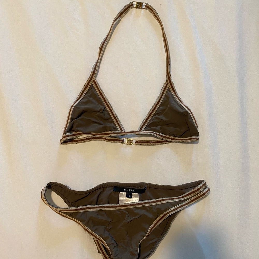 SOLD OFFLINE. Authentic Gucci Bikini Vintage Brown Tan Red Size Small Matching